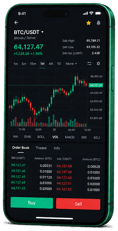 Platforma Seldovaryn na telefonie — wykres BTC/USDT na żywo, księga zleceń oraz panel transakcyjny